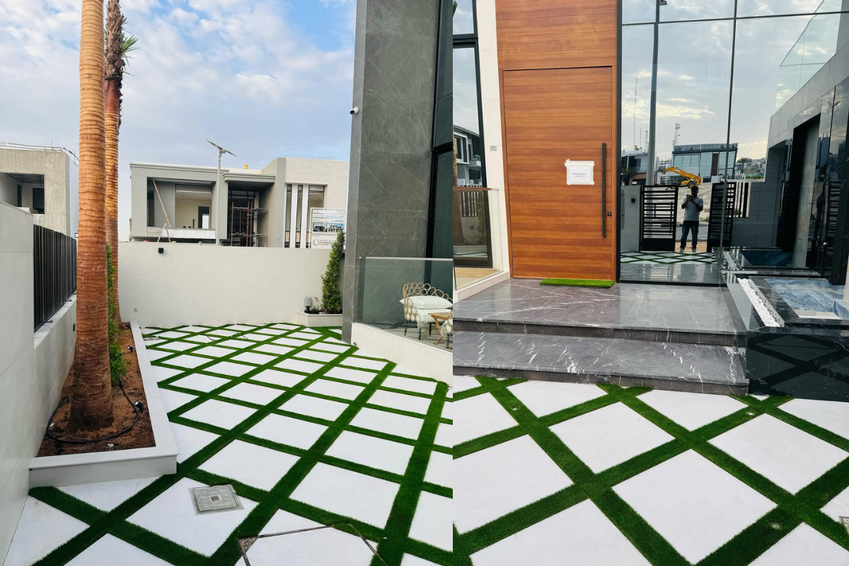 Outdoor-landscape-design-fake-grass-tiles-planterbox-in-dubai